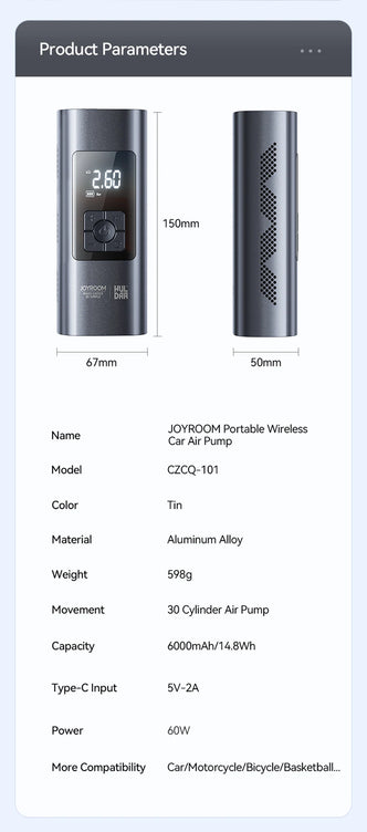 Joyroom Portable Car Air Pump 30W Double Cylinder Car Tire Inflator Wireless Electric Motorcycle Inflatable Pump For Car Bike