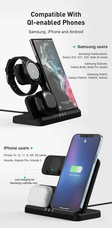 3 in 1 Wireless Charger Stand for Samsung Galaxy S24 S23 Ultra Note Qi Fast Charging Dock Station Watch 7 6 5Pro Holder Buds Pro