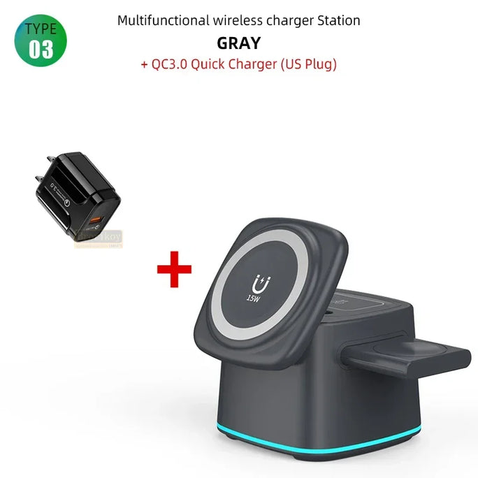 Magnetic Wireless Charger 3 in 1 for Apple Device Portable 15W Fast Charging Station for iPhone 14 13 12 Pro iWatch 8 7 Airpods
