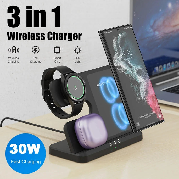 3 in 1 Wireless Charger Stand for Samsung Galaxy S24 S23 Ultra Note Qi Fast Charging Dock Station Watch 7 6 5Pro Holder Buds Pro
