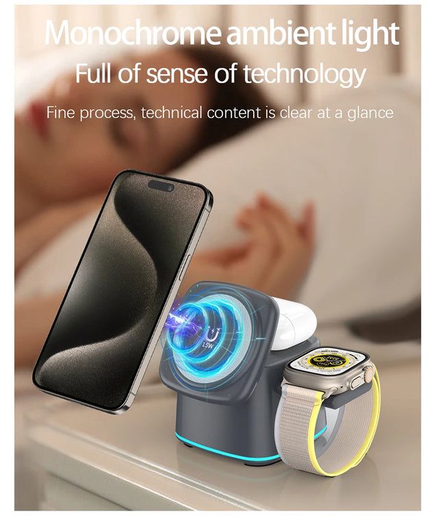 Magnetic Wireless Charger 3 in 1 for Apple Device Portable 15W Fast Charging Station for iPhone 14 13 12 Pro iWatch 8 7 Airpods