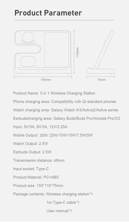 3 in 1 Wireless Charger Stand for Samsung Galaxy S24 S23 Ultra Note Qi Fast Charging Dock Station Watch 7 6 5Pro Holder Buds Pro