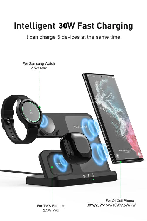 3 in 1 Wireless Charger Stand for Samsung Galaxy S24 S23 Ultra Note Qi Fast Charging Dock Station Watch 7 6 5Pro Holder Buds Pro