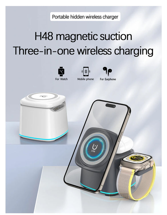 Magnetic Wireless Charger 3 in 1 for Apple Device Portable 15W Fast Charging Station for iPhone 14 13 12 Pro iWatch 8 7 Airpods